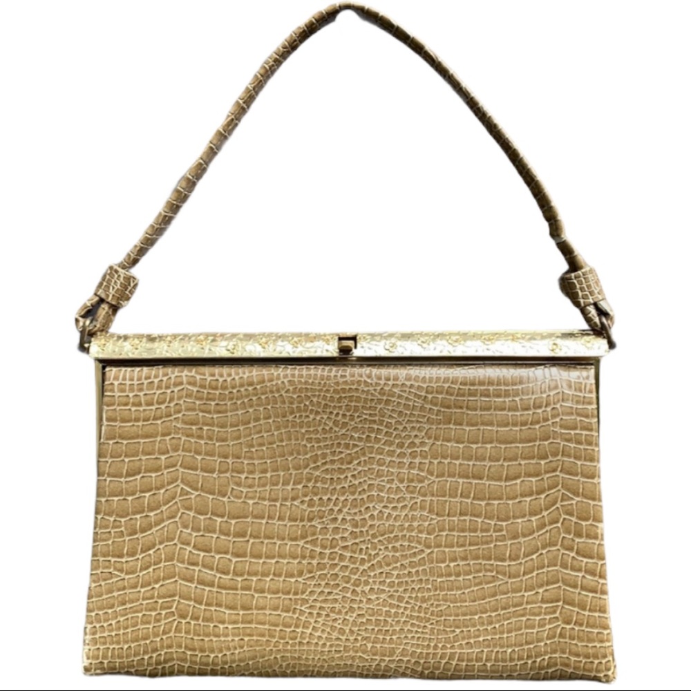 Vintage tan Alligator skin handbag with embossed brass hardware closure